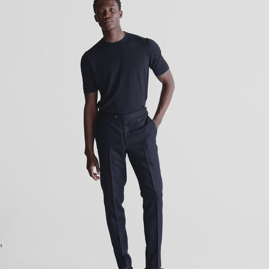 Flat Front Wool Hopsack Trousers Navy Video