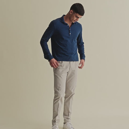 Cotton Long Sleeve Polo Shirt Navy Model Video