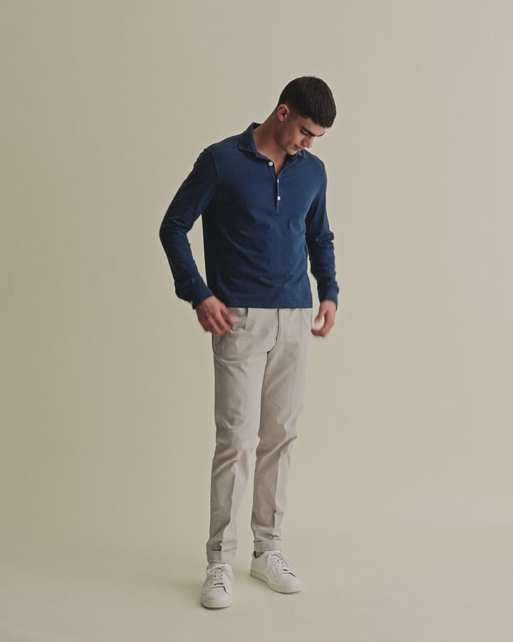 Cotton Long Sleeve Polo Shirt Navy Model Video