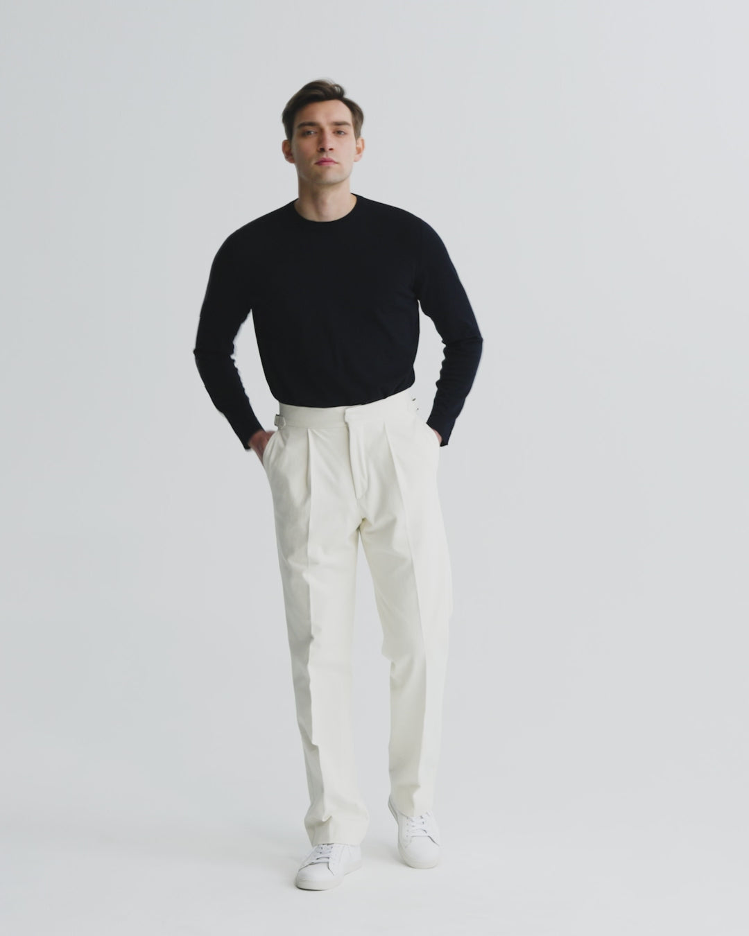 Fine Gauge Cotton Sweater Navy Model Video