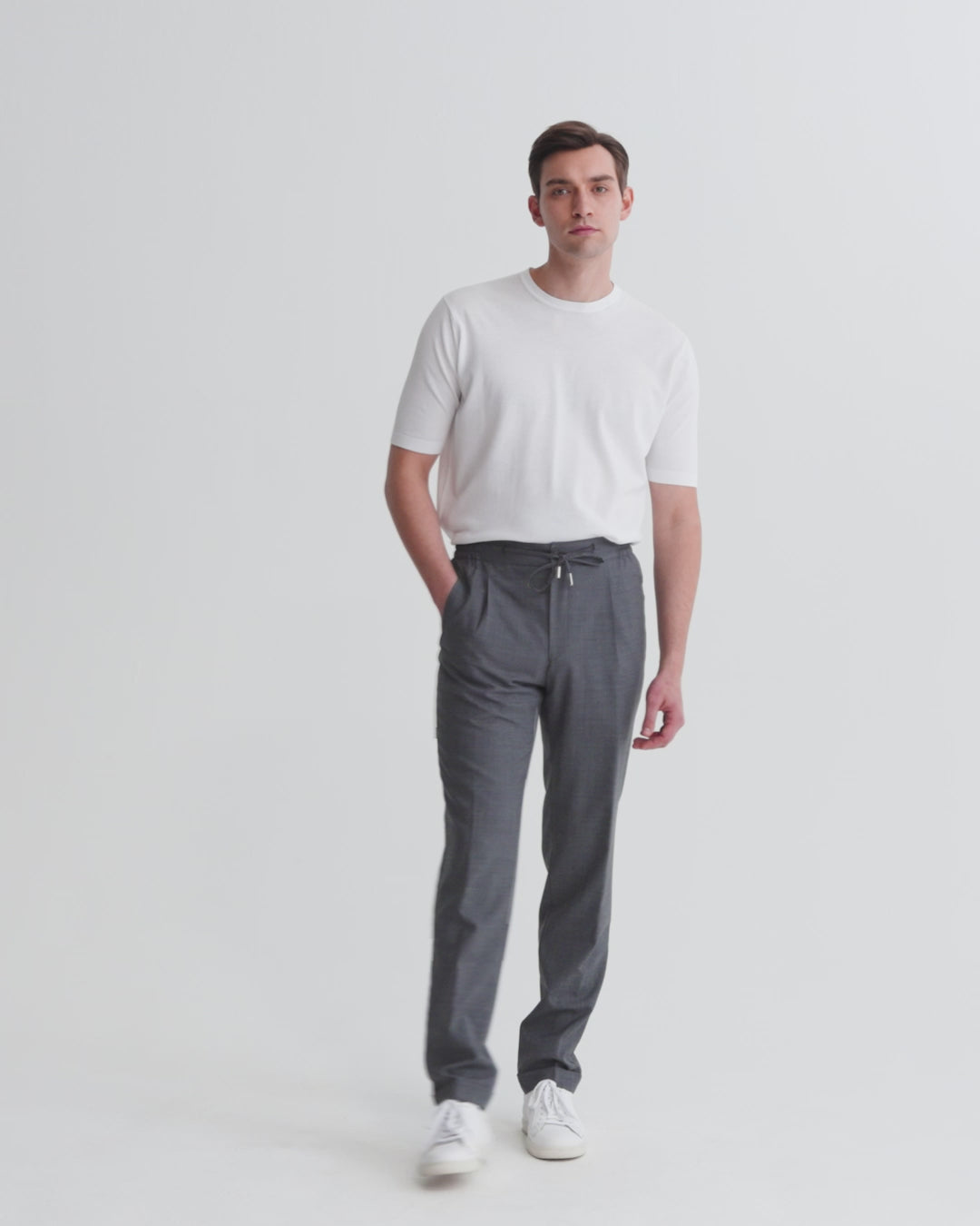 Wool Drawstring Trousers Grey Model Video