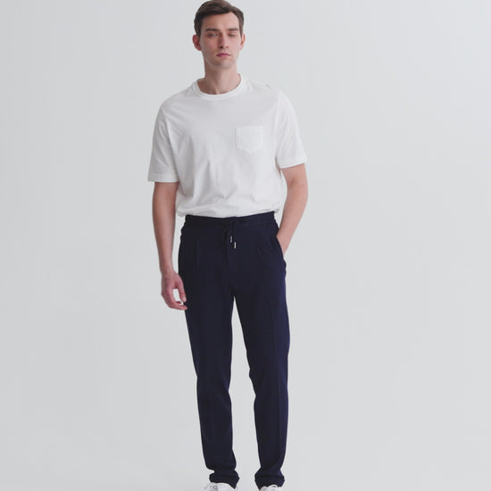 Wool Twill Drawstring Trousers Navy Model Video
