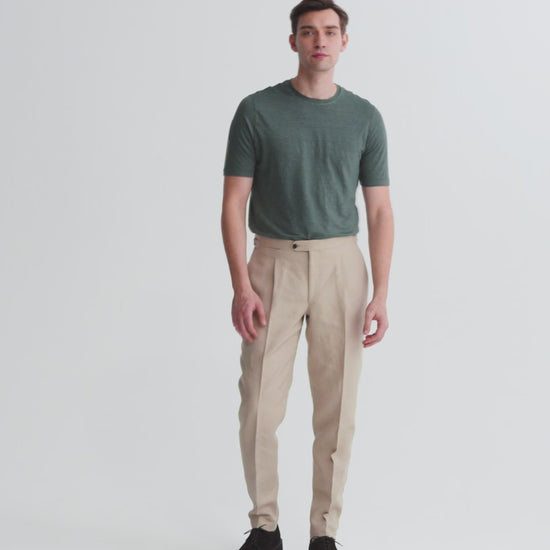 Linen Single Pleat Trousers  Beige Model Video