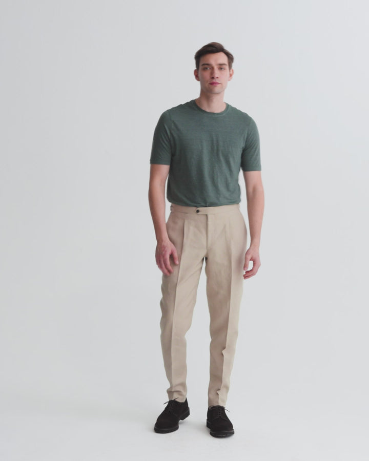 Linen Single Pleat Trousers  Beige Model Video