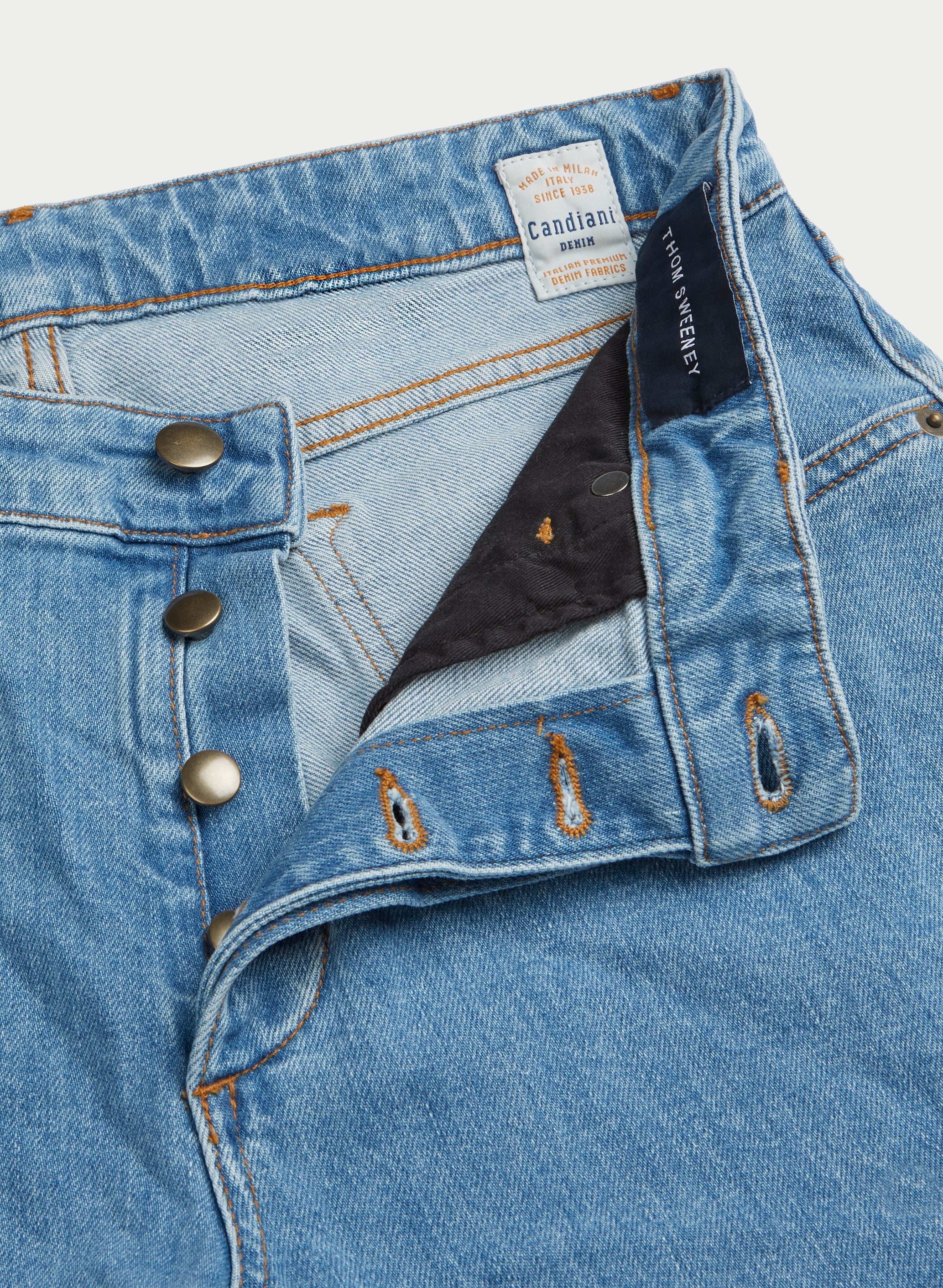 Five Pocket Denim Jeans Light Blue Product Fly Fastening Detail