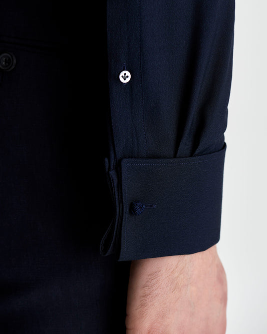 Super 130s Wool Silk Dress Shirt Midnight Navy Model Cuff Detail