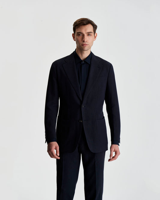 Unstructured Single Breasted Linen Suit Navy Model 3/4 Image Fastened