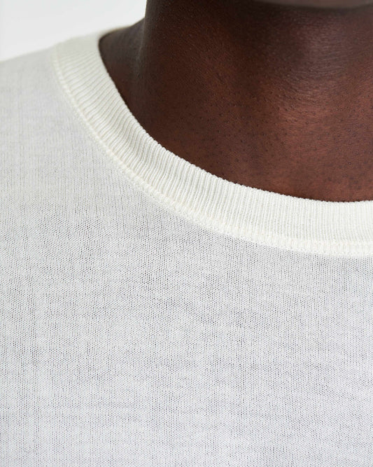 Fine Gauge Cotton Sweater Cream Model Neckline Detail
