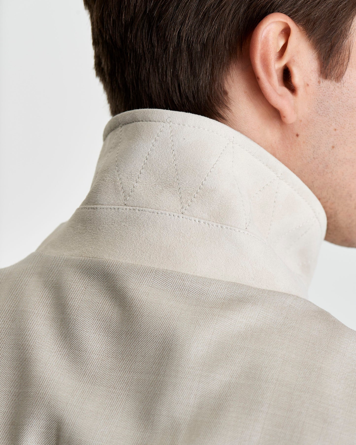 Wool Twill Shirt Collar Bomber Beige Model Suede Collar Detail