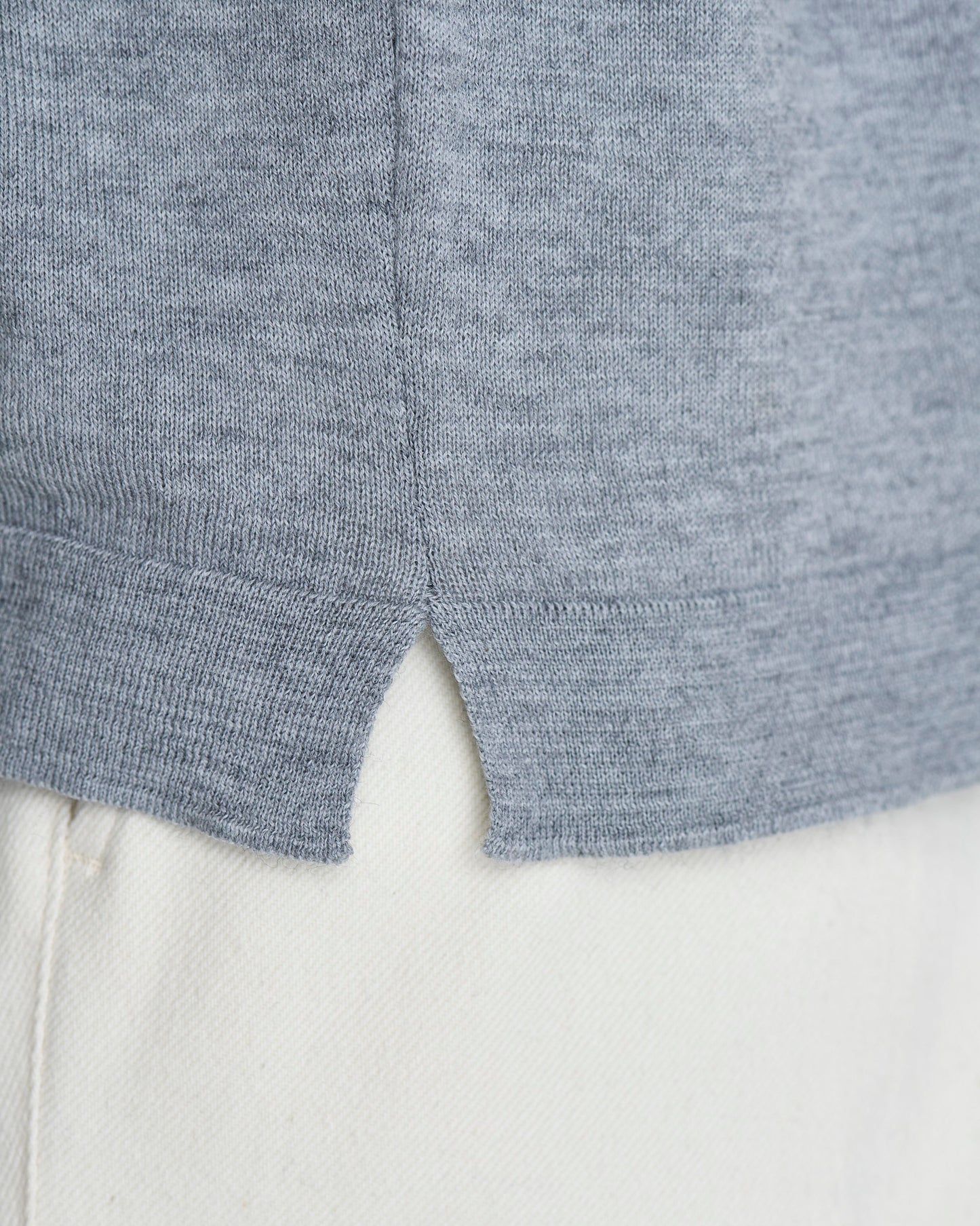 Fine Gauge Cotton Sweater Grey Model Hem Side Split detail