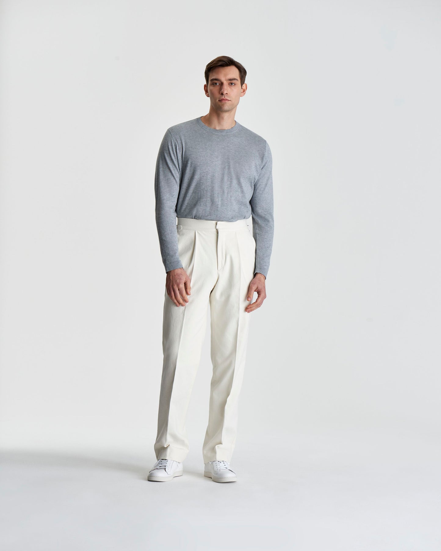 Fine Gauge Cotton Sweater Grey  Model Full Length Image