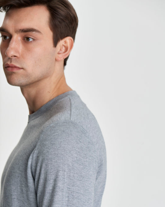 Fine Gauge Cotton Sweater Grey Model Side View