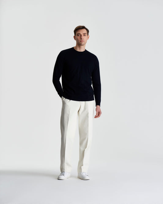 Fine Gauge Cotton Sweater Navy Model Full Length image