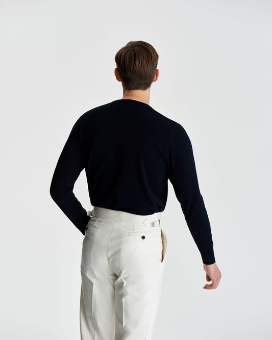 Fine Gauge Cotton Sweater Navy Model Back