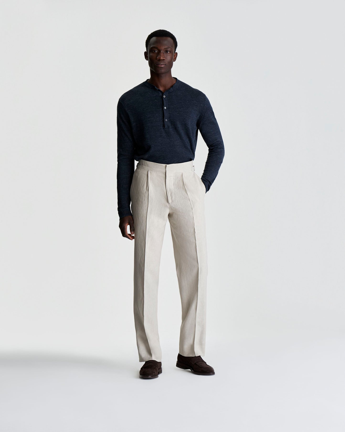 Long Sleeve Linen Henley T-Shirt Navy Model Full Length Image 