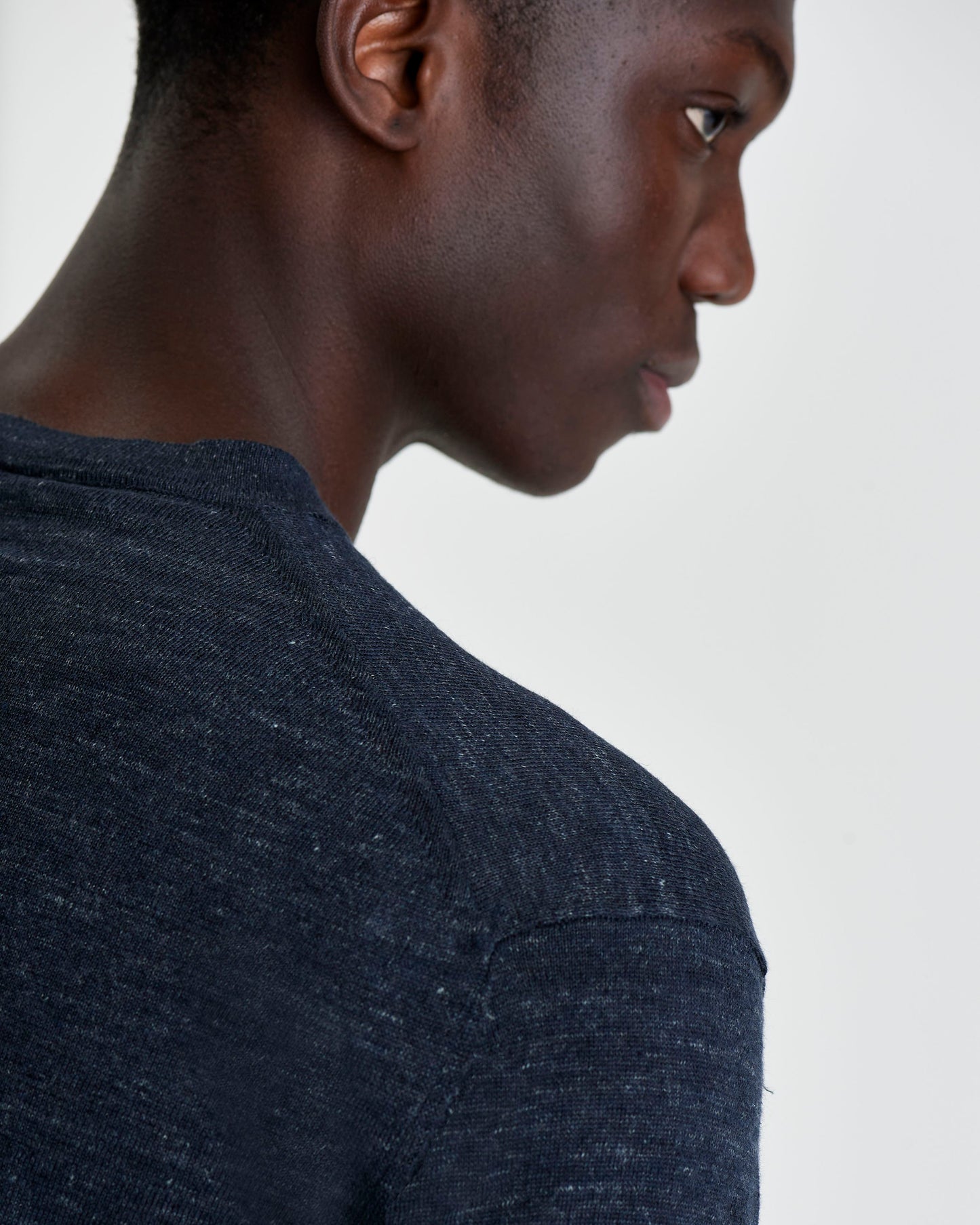 Long Sleeve Linen Henley T-Shirt Navy Model Back Shoulder Detail
