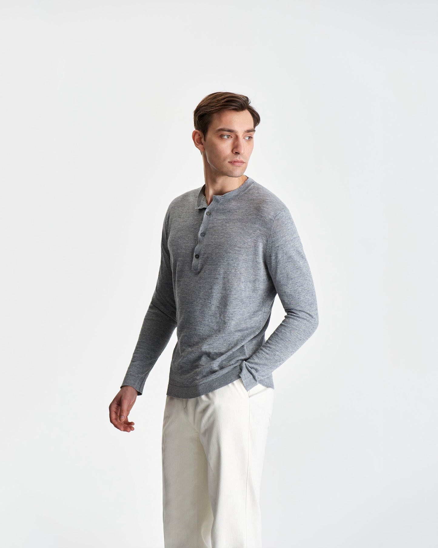 Long Sleeve Linen Henley T-Shirt Grey Model  3/4 length side