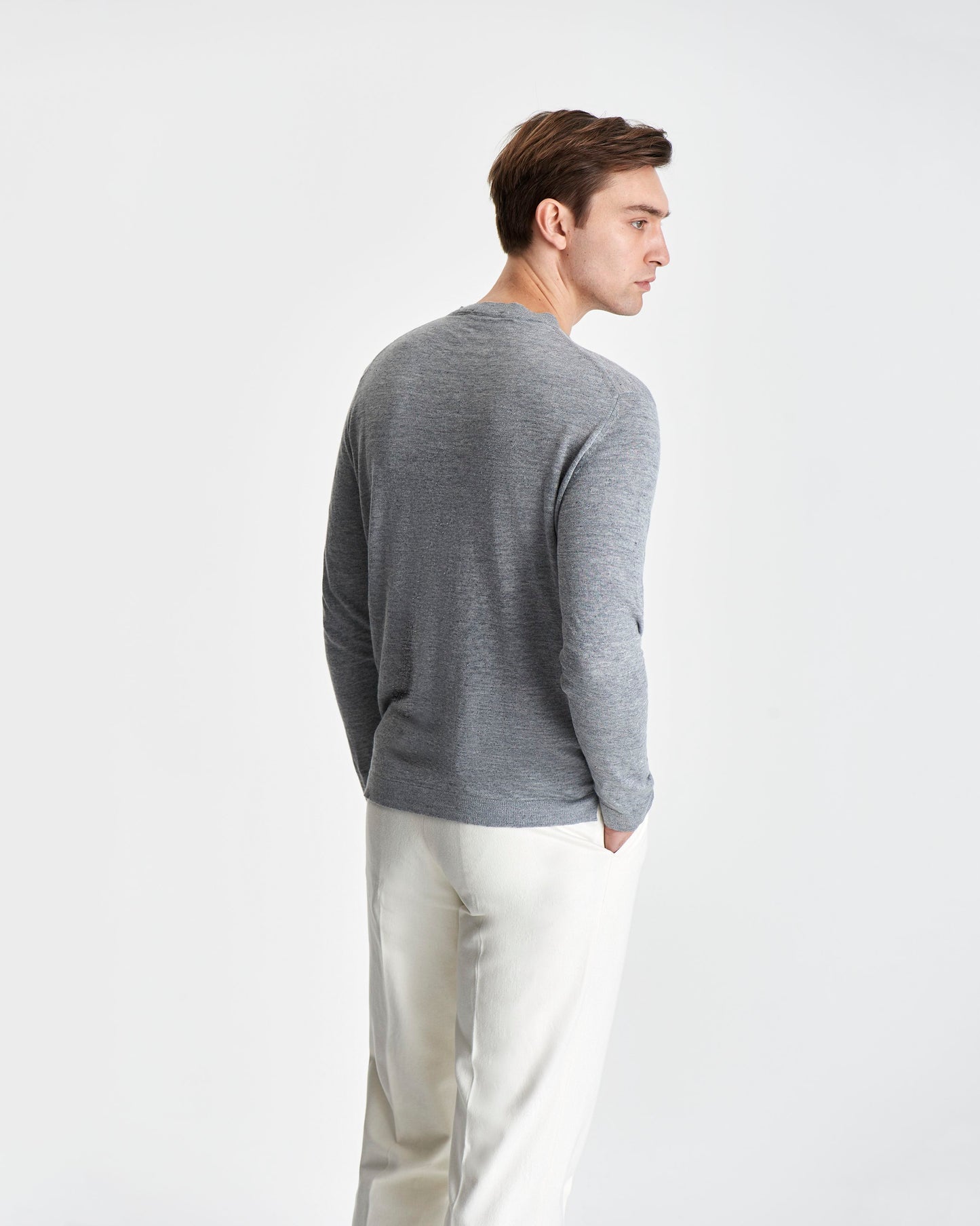Long Sleeve Linen Henley T-Shirt Grey Model back