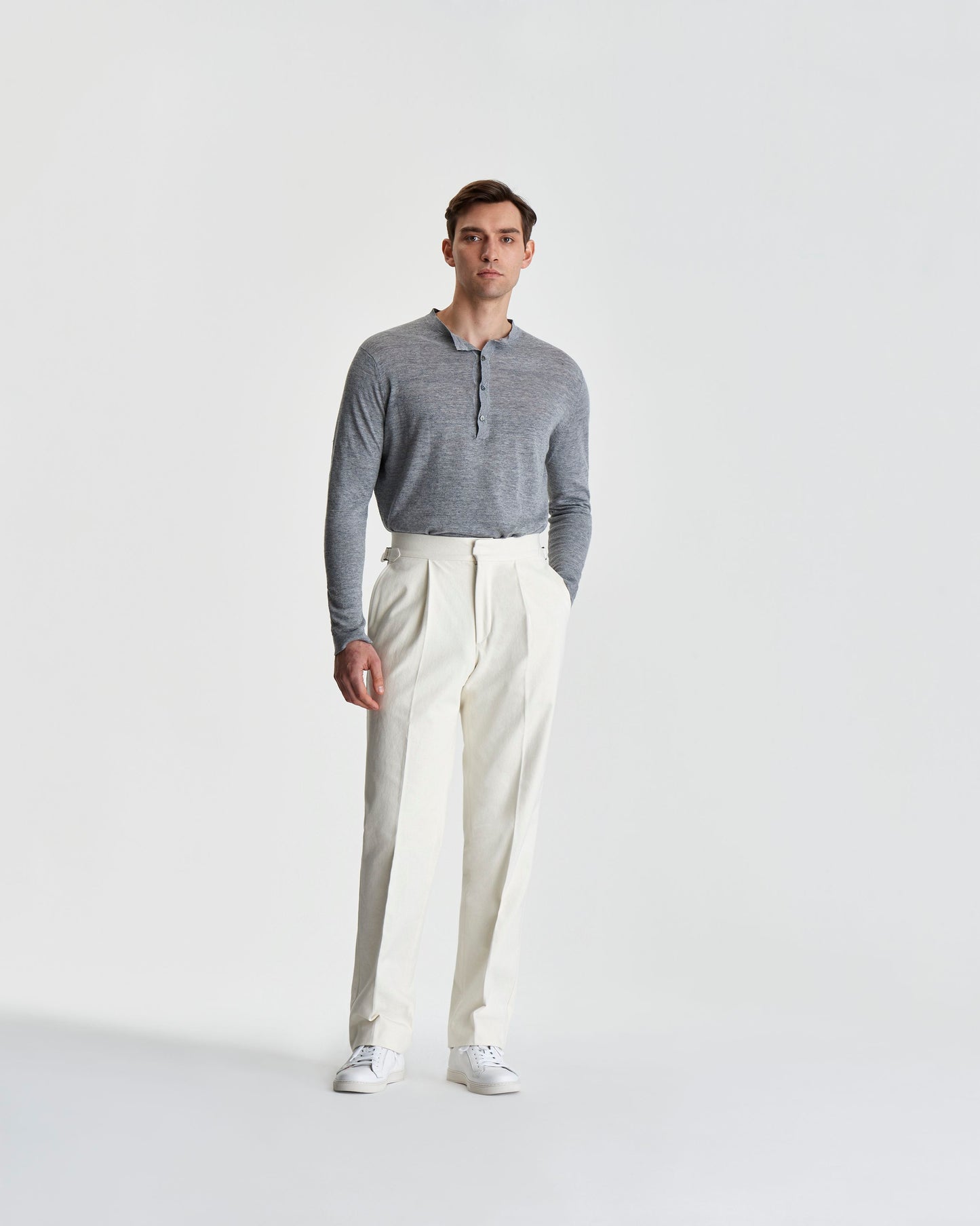 Long Sleeve Linen Henley T-Shirt Grey Model Full Length