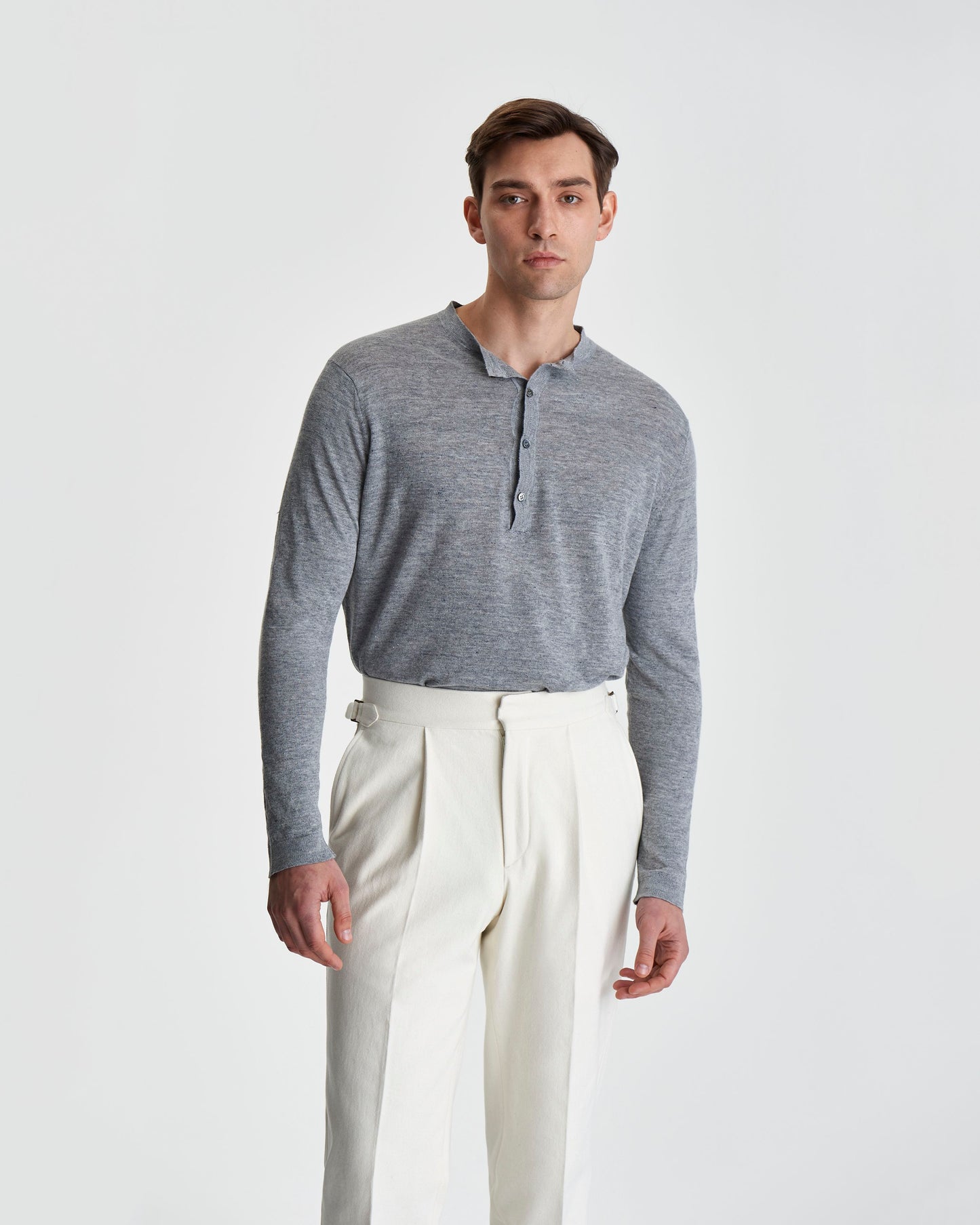 Long Sleeve Linen Henley T-Shirt Grey Product 3/4 length