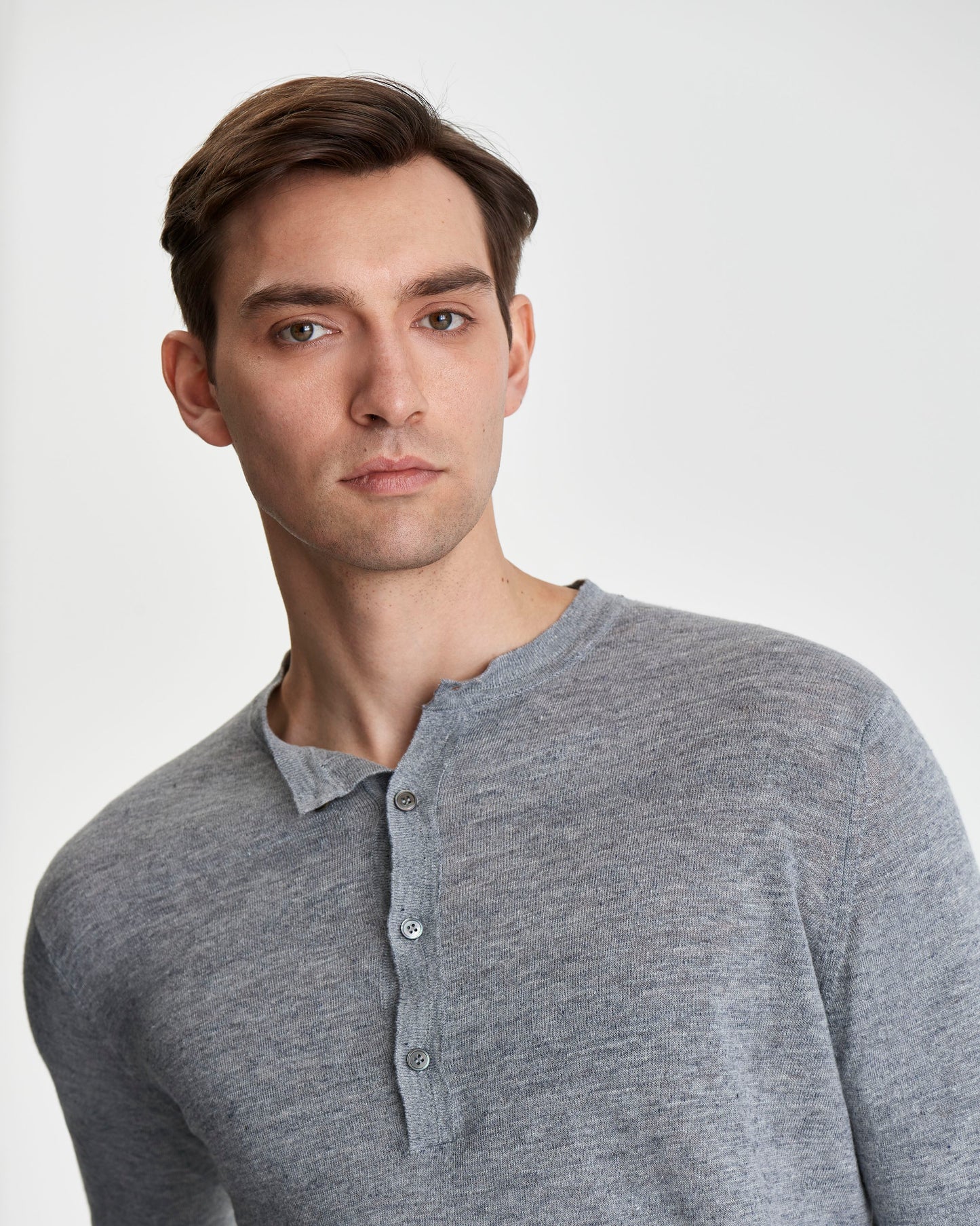 Long Sleeve Linen Henley T-Shirt Grey Model Button Details