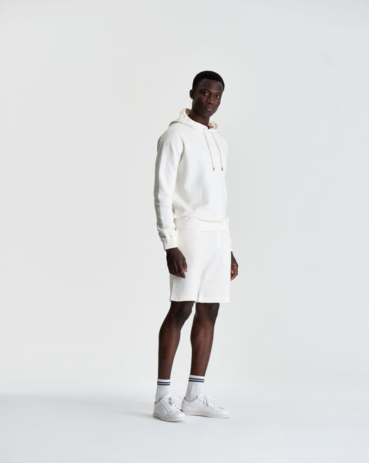 Cotton Drop Shoulder Hoodie Side White Model Full Length Image