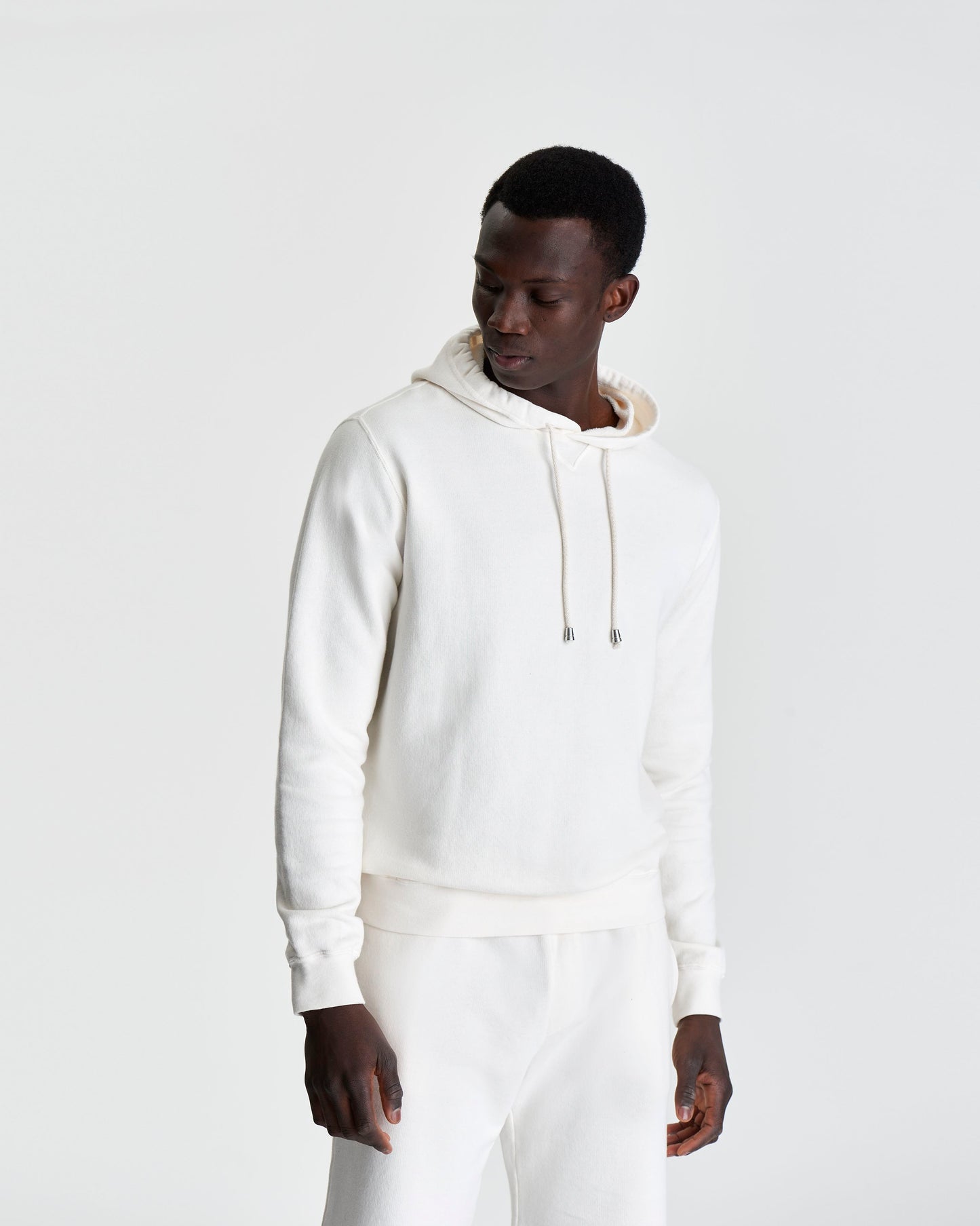 Cotton Drop Shoulder Hoodie White Model 3/4 Length View