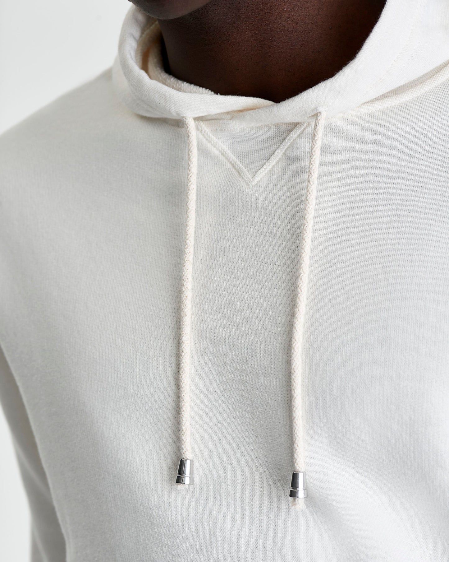 Cotton Drop Shoulder Hoodie White Model Drawstring Detail