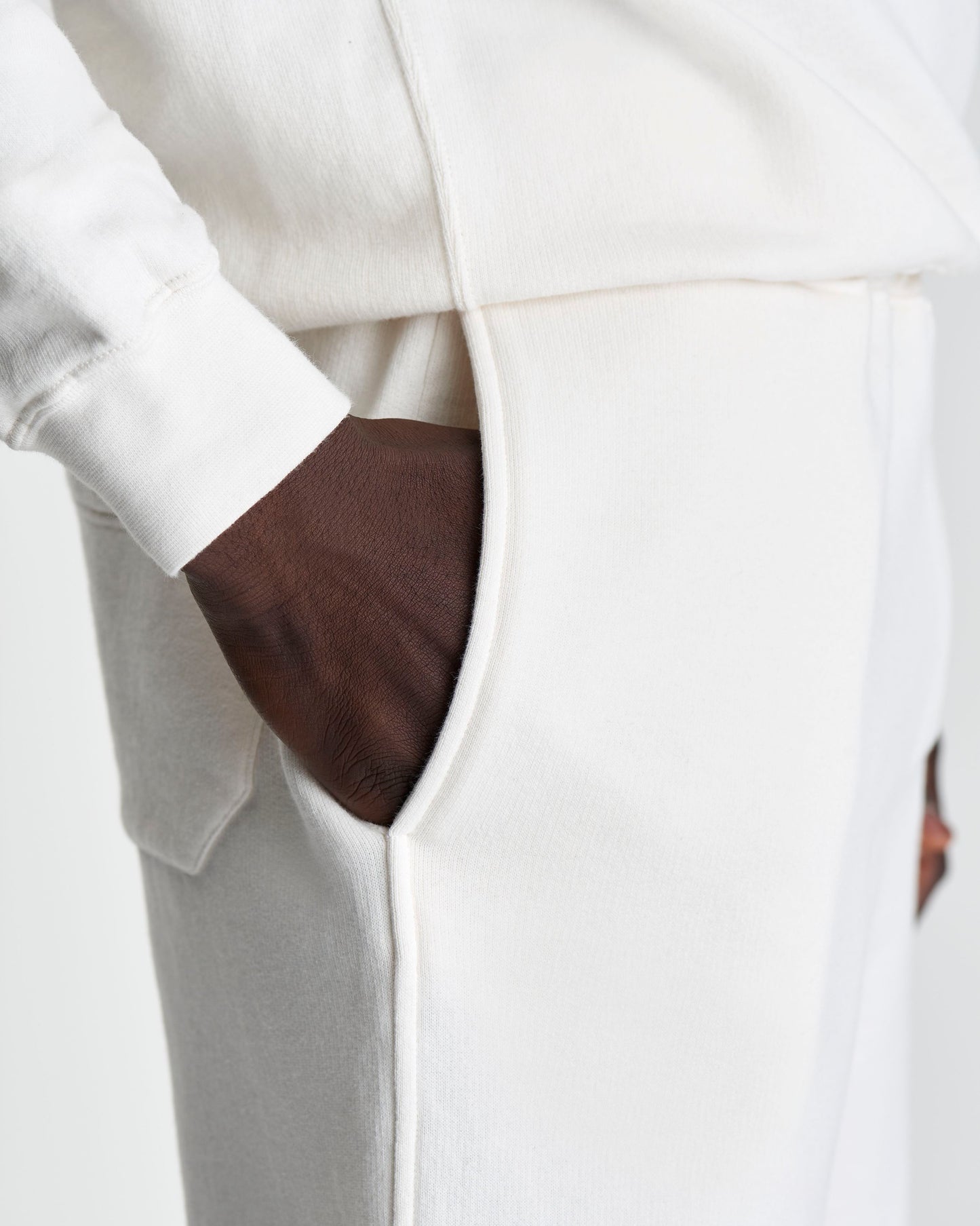 Loopback Cotton Drawstring Shorts White Model Front Pocket Detail