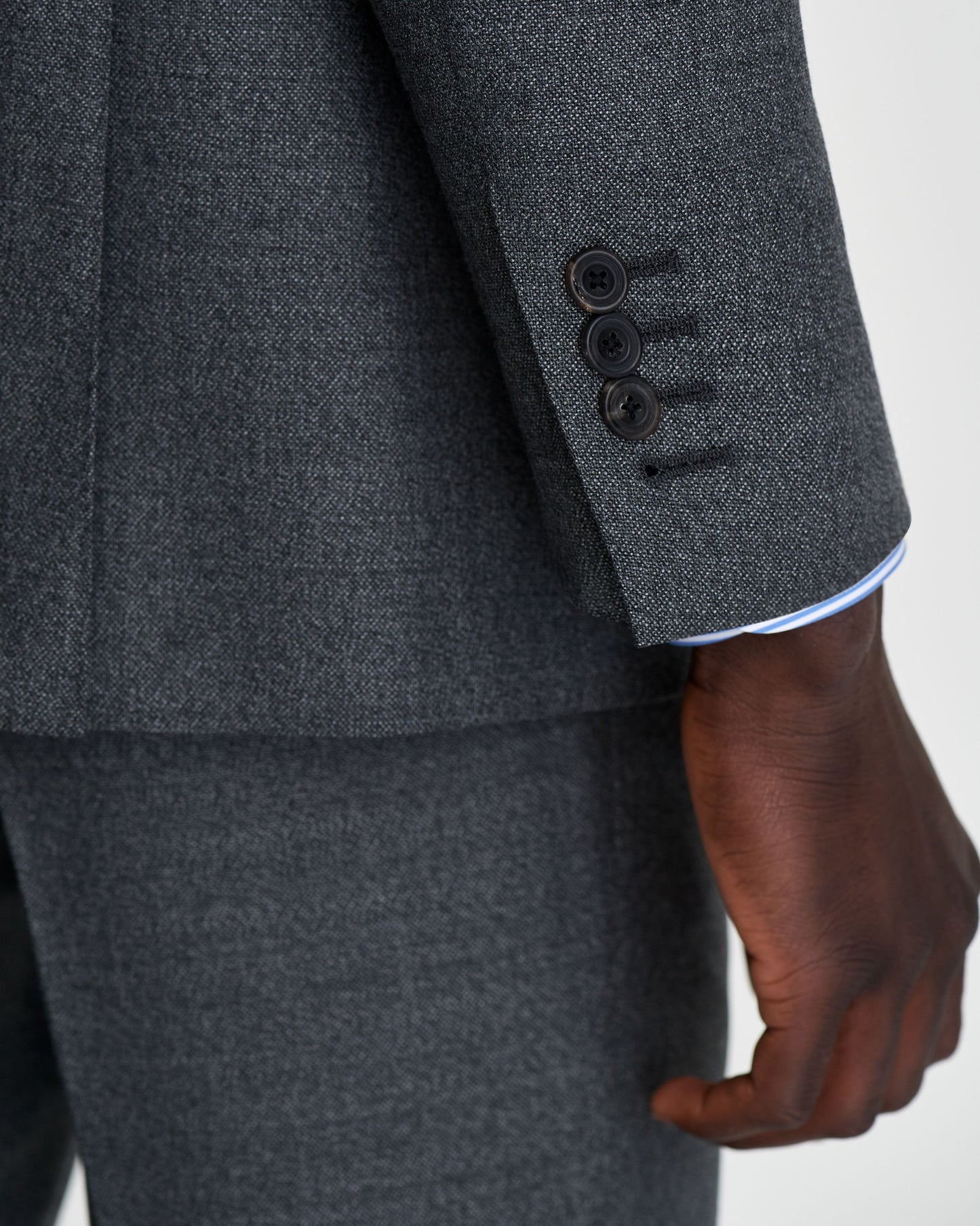 Single Breasted Wool Peak Lapel Suit Grey Model Cuff Detail