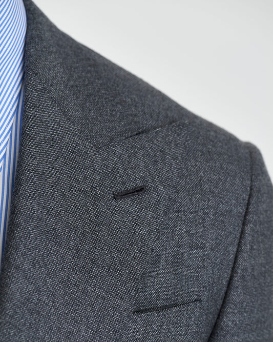 Single Breasted Wool Peak Lapel Suit Grey Model Lapel Detail