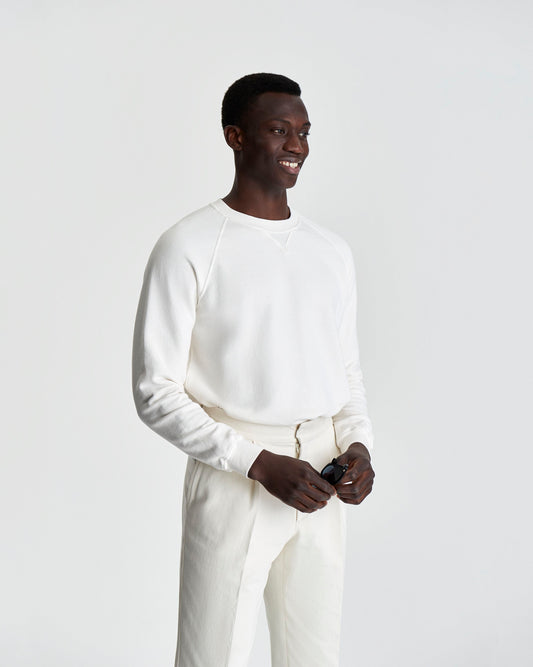 Loopback Cotton Raglan Sweater White Model 3/4 Image