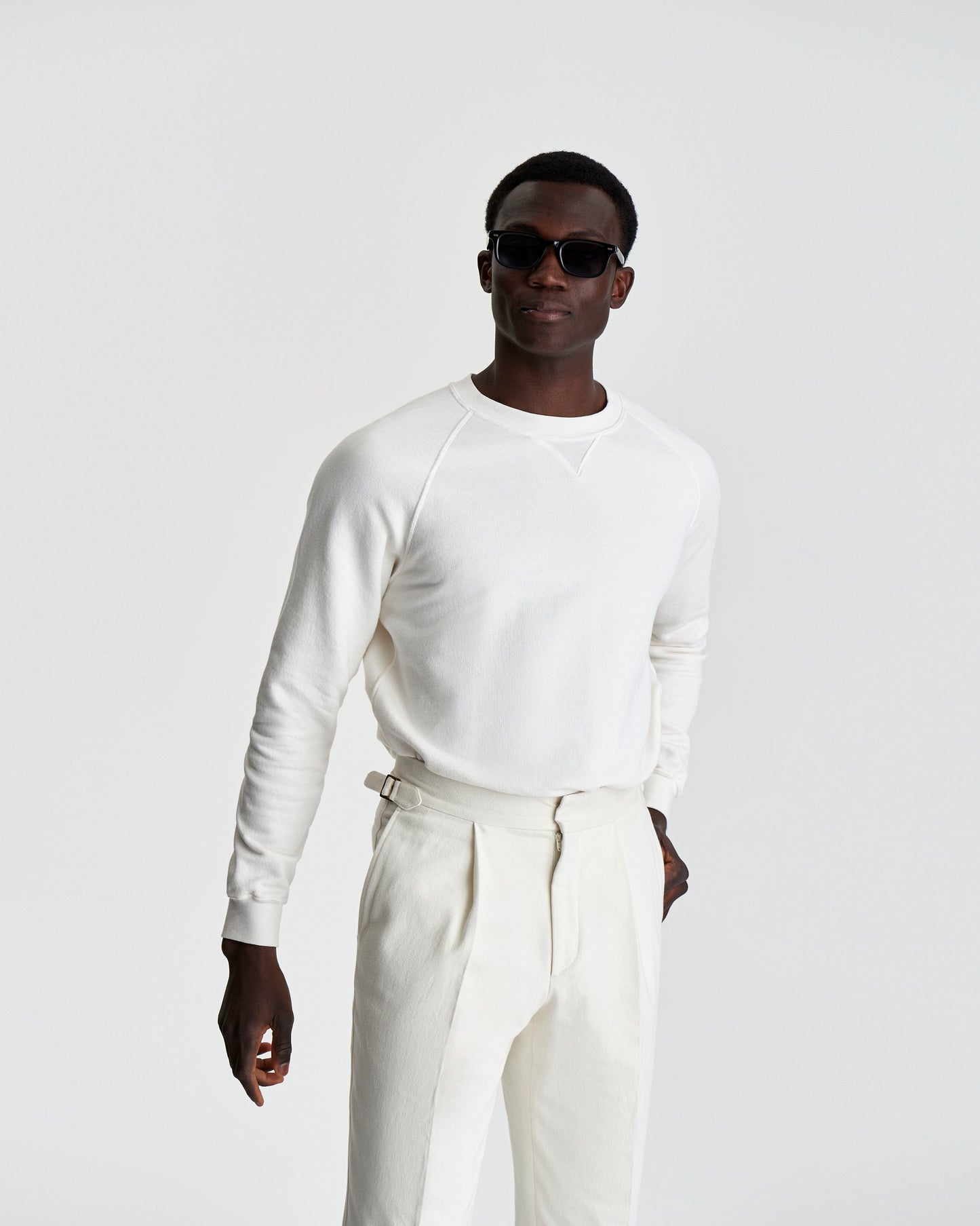 Loopback Cotton Raglan Sweater White Model 3/4 Length