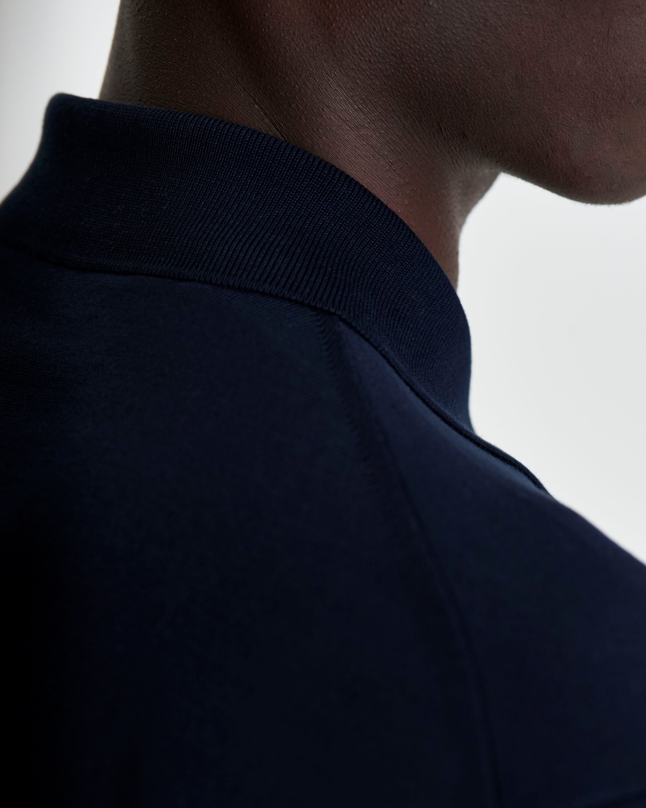 Crepe Cotton Polo Shirt Navy Collar Back Detail