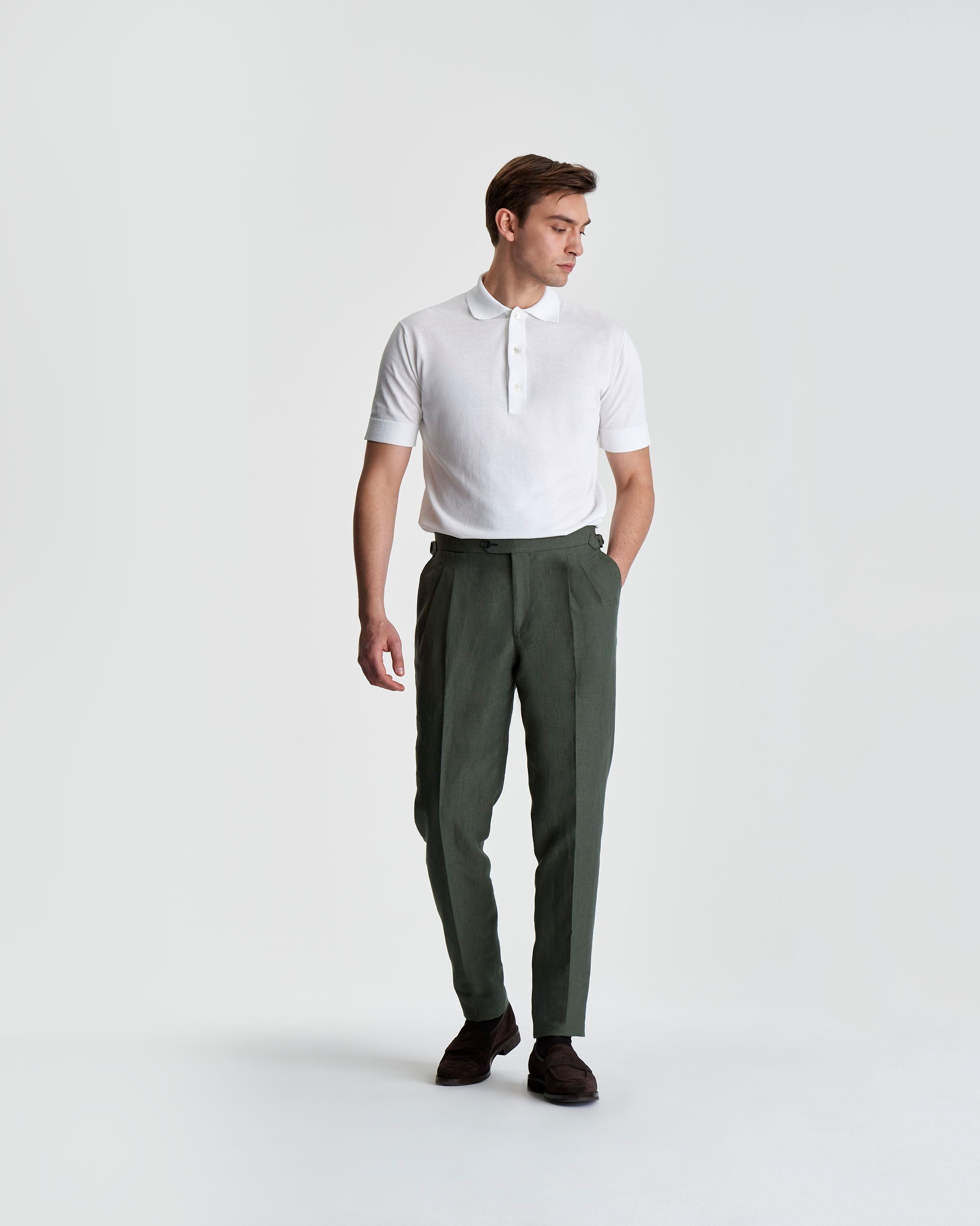 Crepe Cotton Polo Shirt White Model Full length 