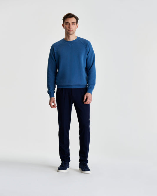 Loopback Cotton Raglan Sweater Denim Colour Model Full Length