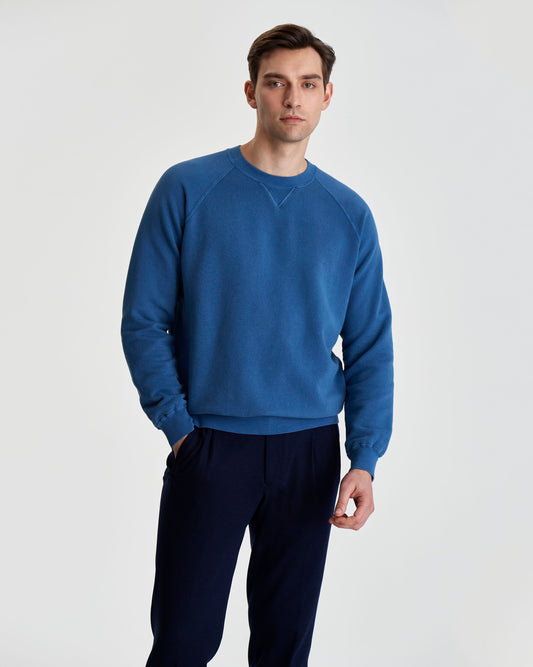 Loopback Cotton Raglan Sweater Denim Colour Model 3/4 Image
