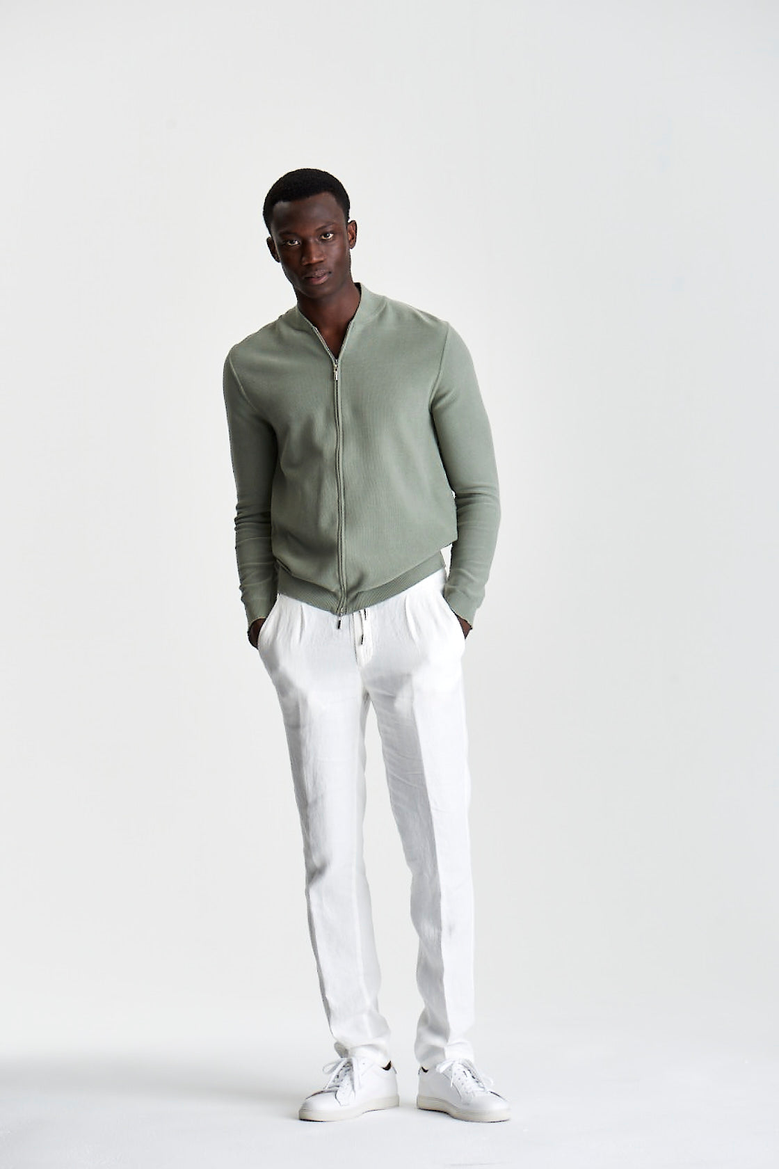 Linen Drawstring Trousers White Model Full Length image