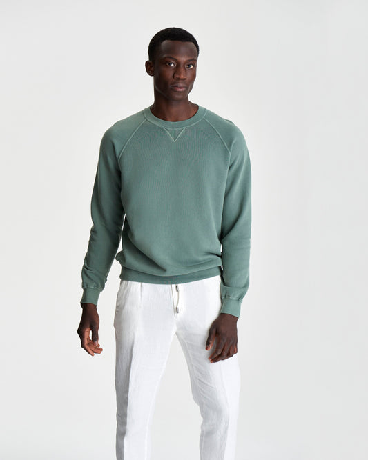  Loopback Cotton Raglan Sweater Sage Model 3/4 Image