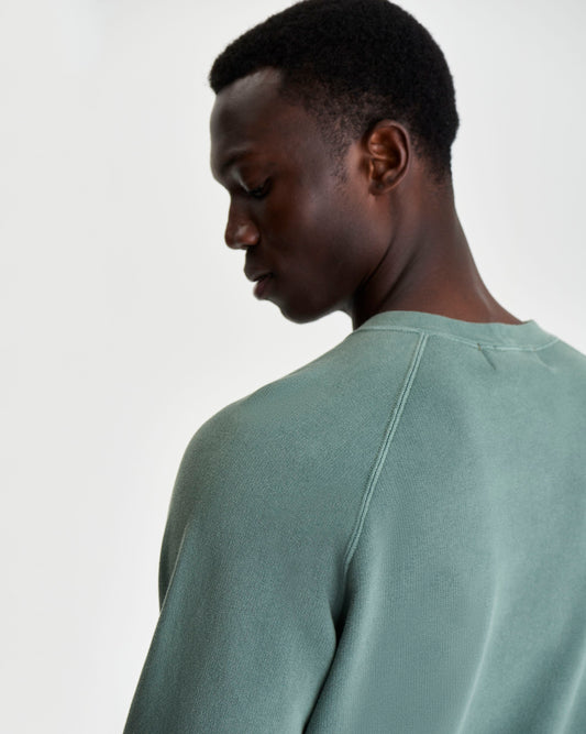 Loopback Cotton Raglan Sweater Sage Model Back Shoulder Detail