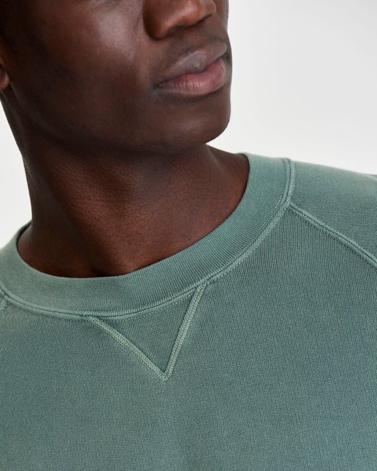  Loopback Cotton Raglan Sweater Sage Model Neckline Detail
