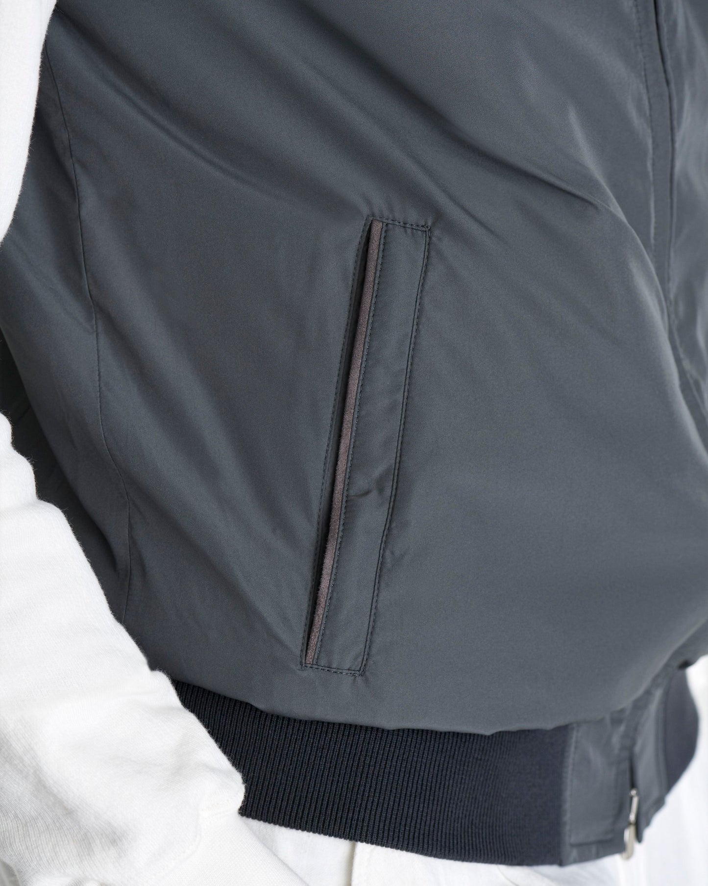 Japanese Nylon Gilet Grey Model Pocket Detail