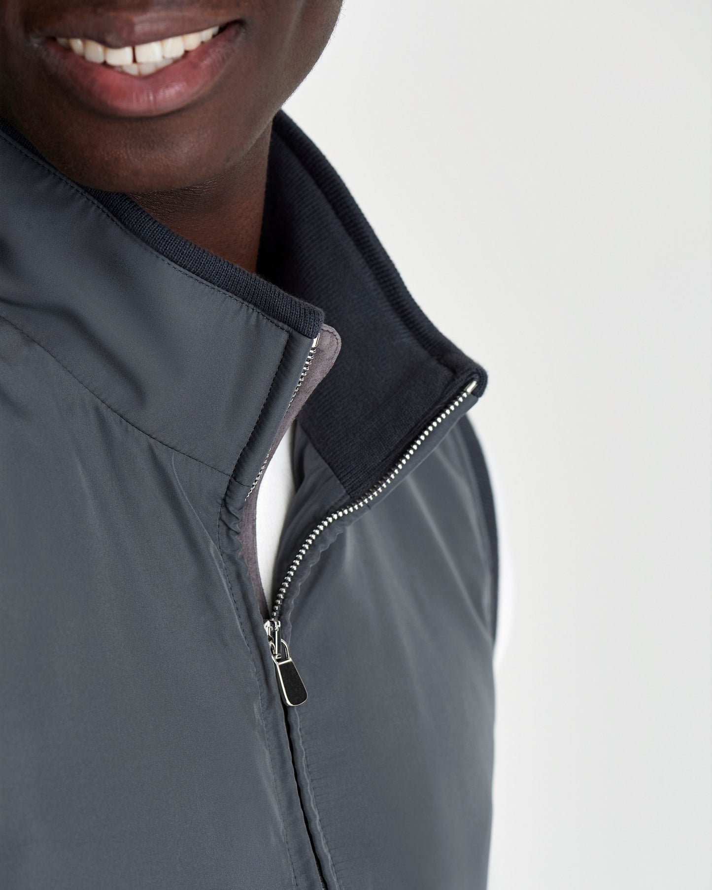 Japanese Nylon Gilet Grey Model Collar Detail