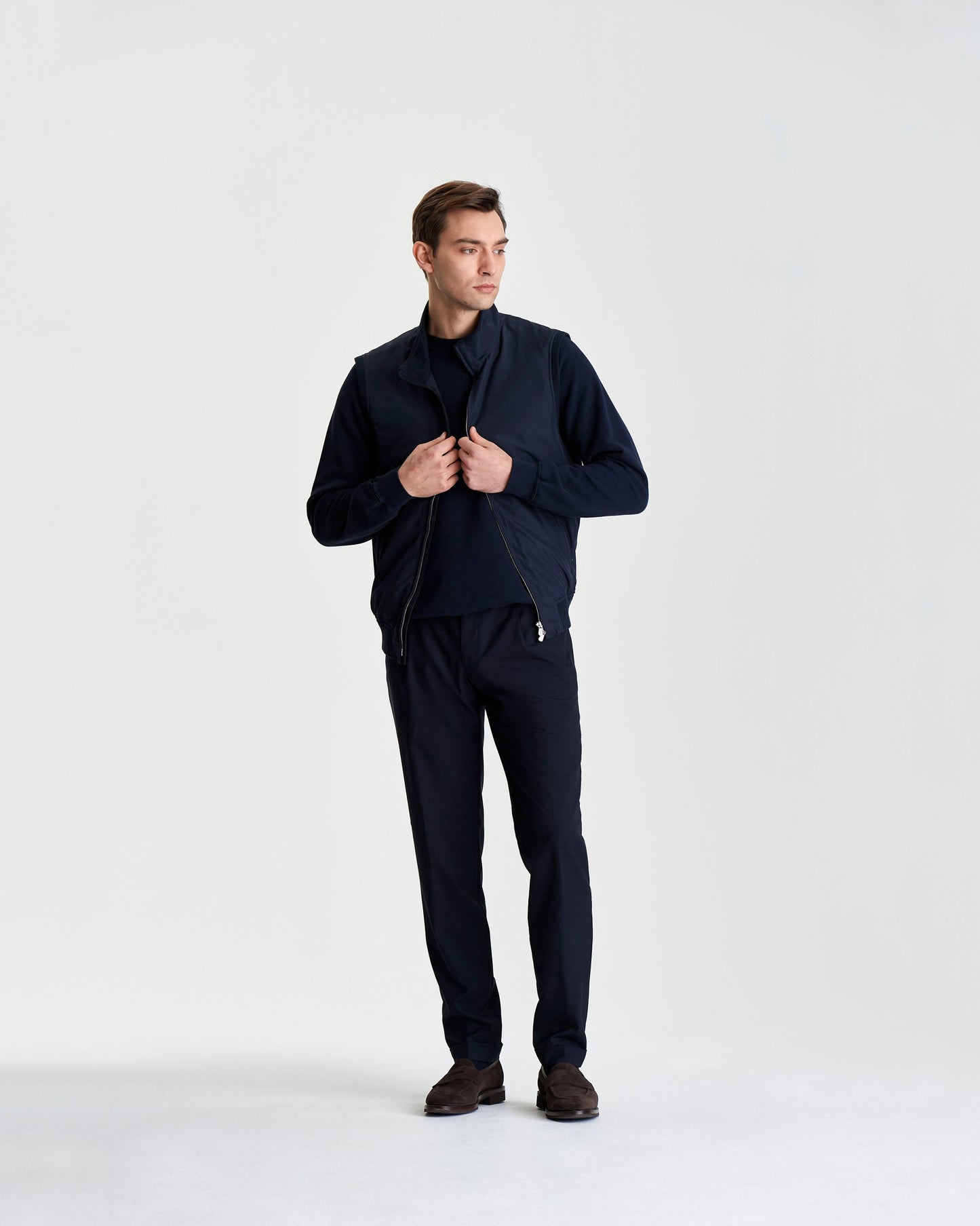 Japanese Nylon Gilet Model Navy Full Length View