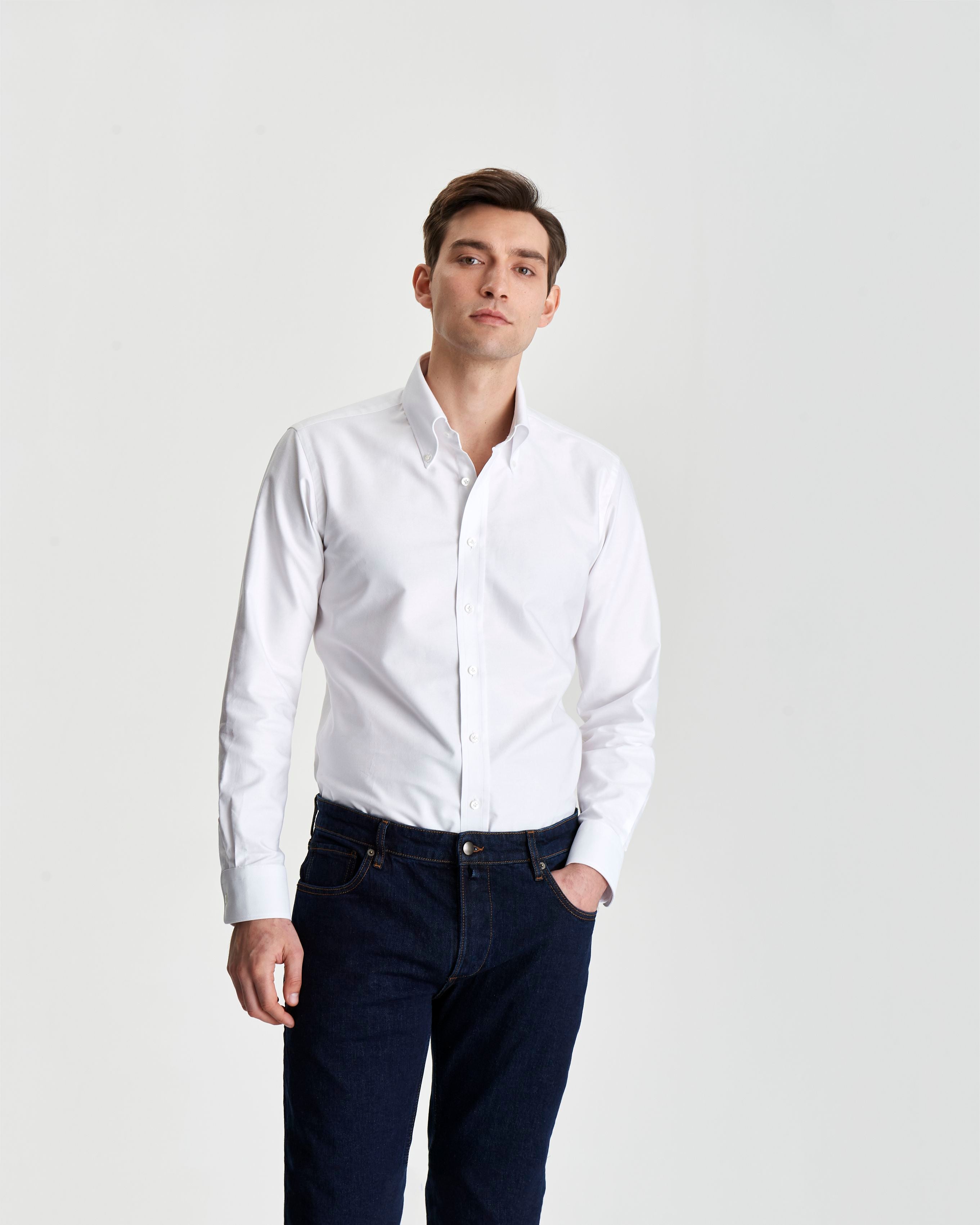 Casual Button Down Cotton Oxford Shirt White Model Tucked into jeans