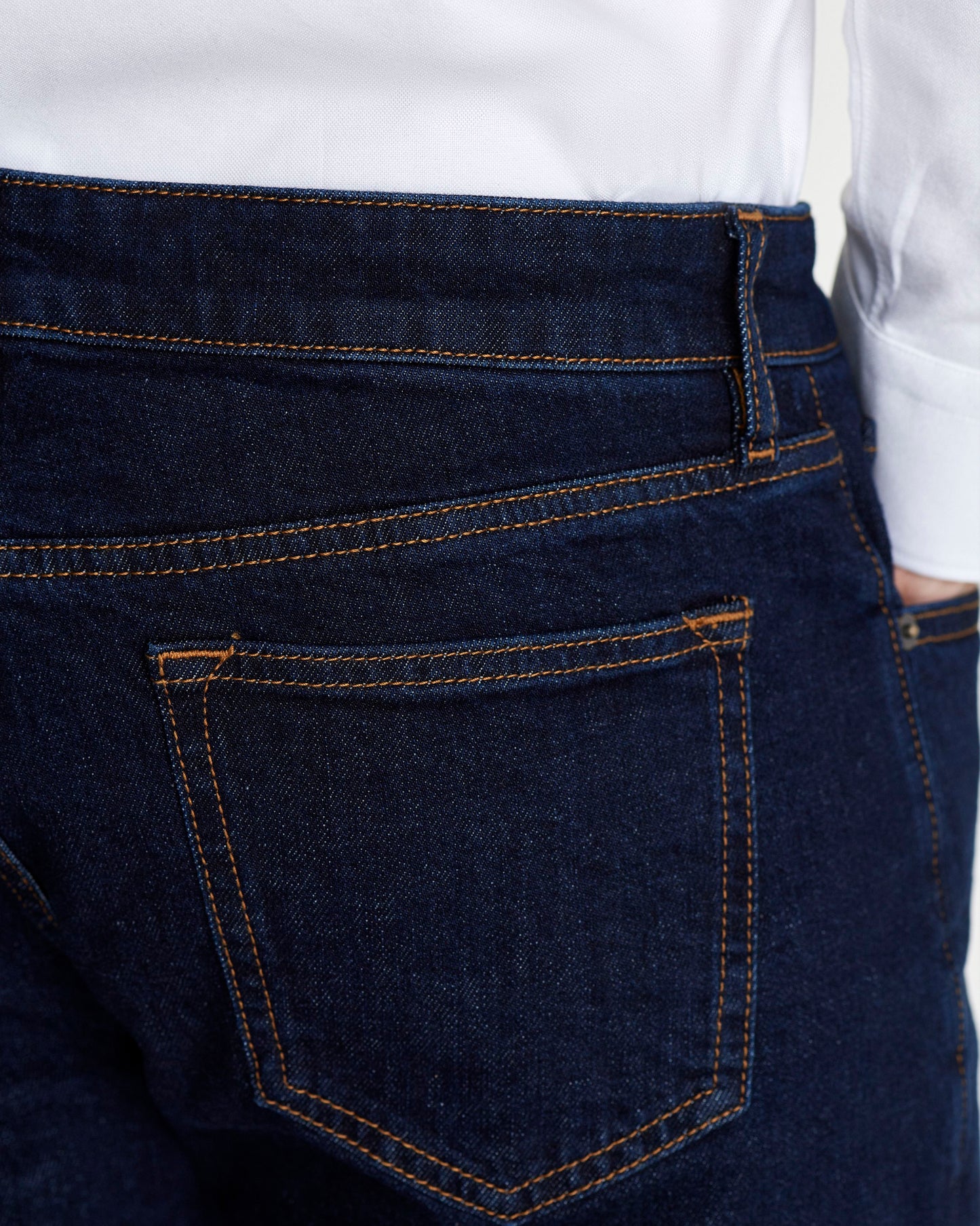 Five Pocket Denim Jeans Dark Blue Model Back Pocket Detail