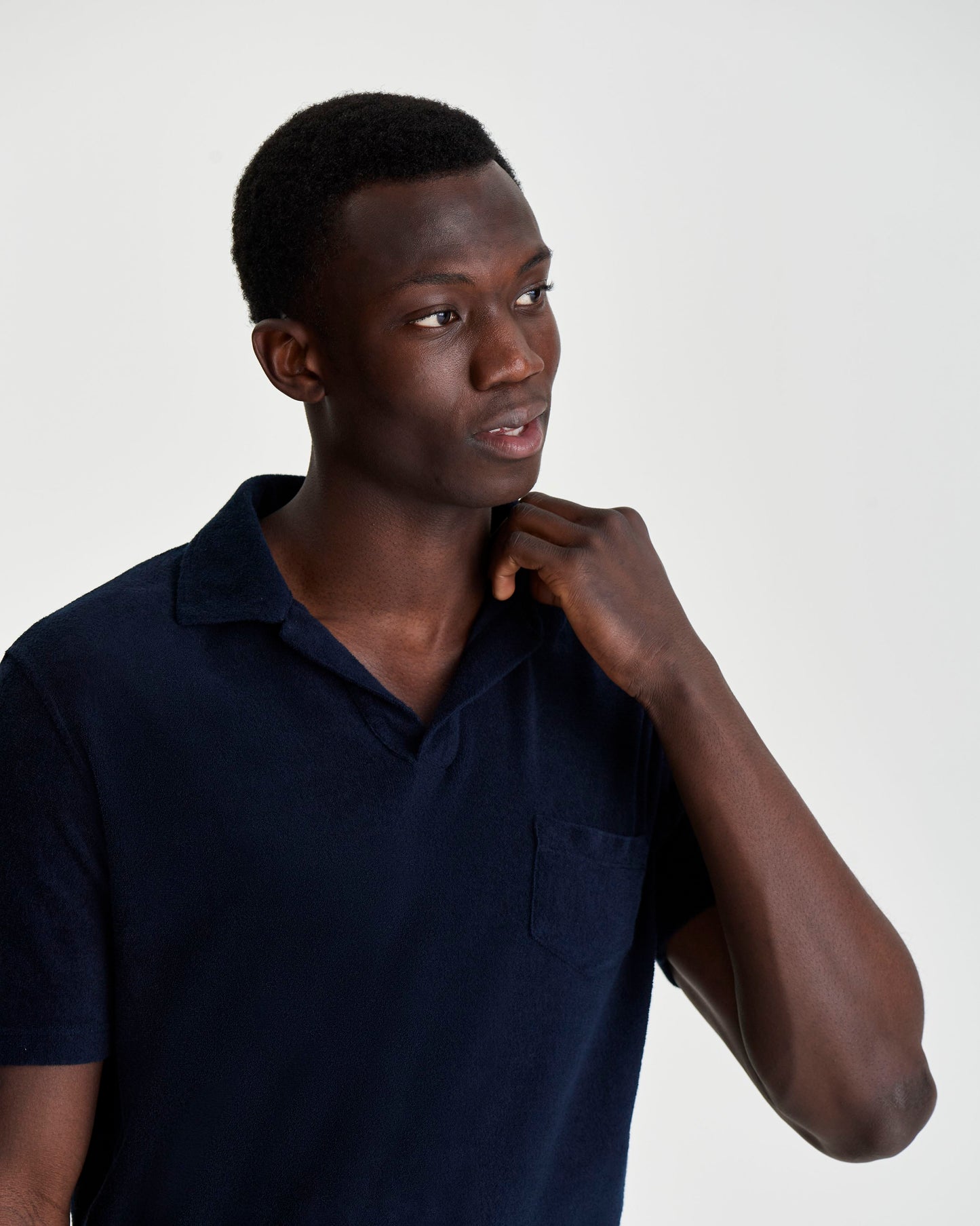 Terry Cotton Polo Shirt Navy Model Collar