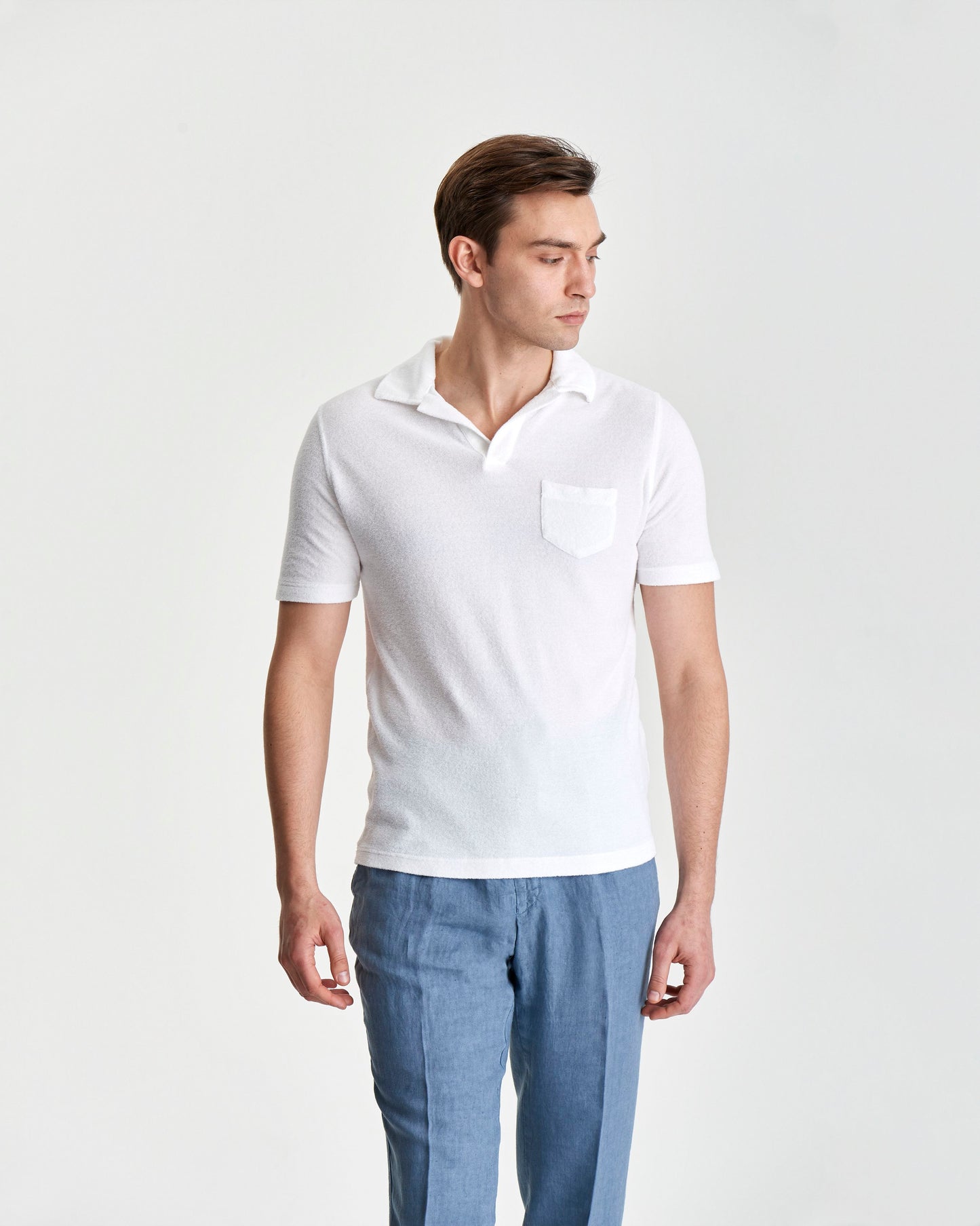 Terry Cotton Polo Shirt White Model Front Close