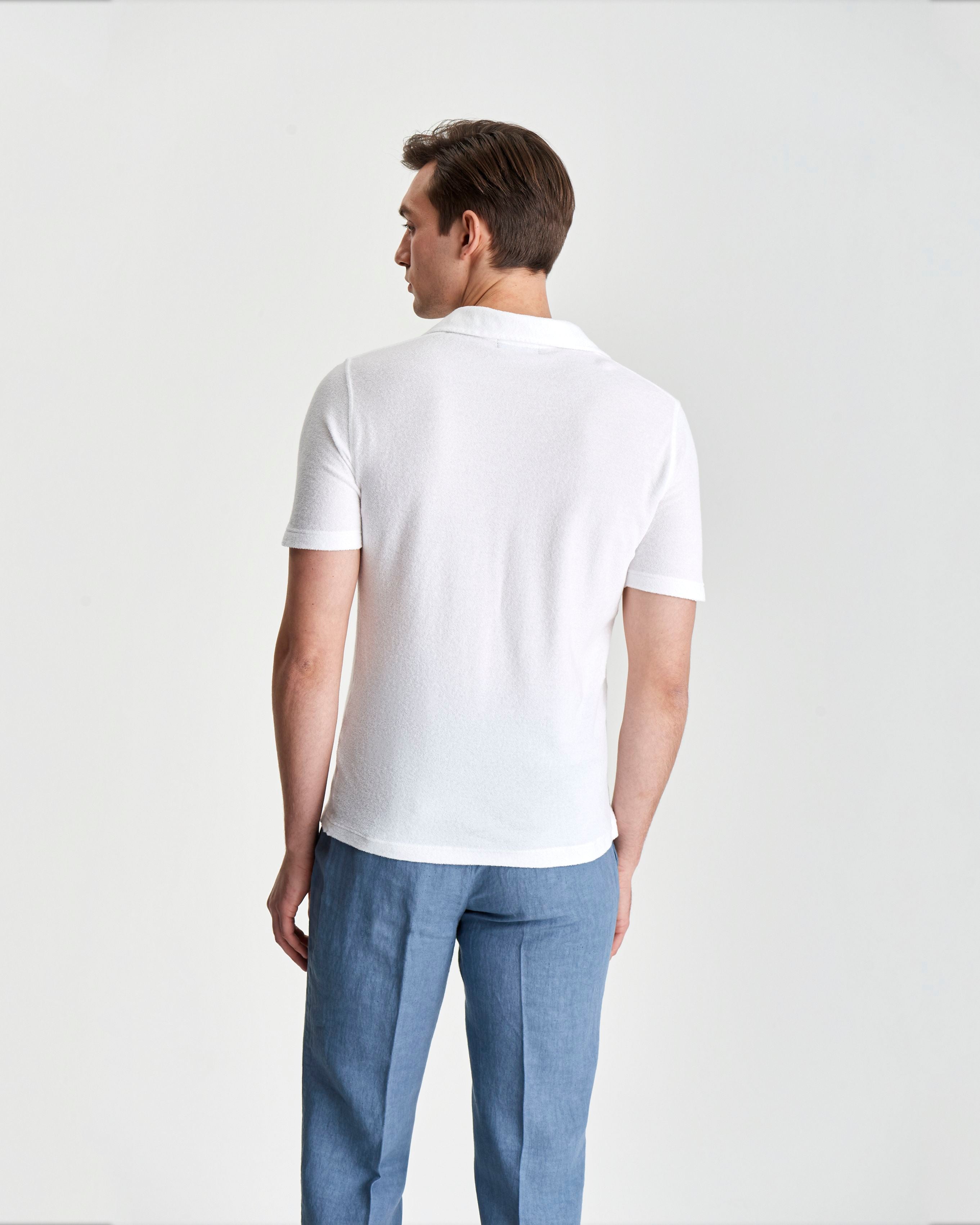 Terry Cotton Polo Shirt White Model Back Close