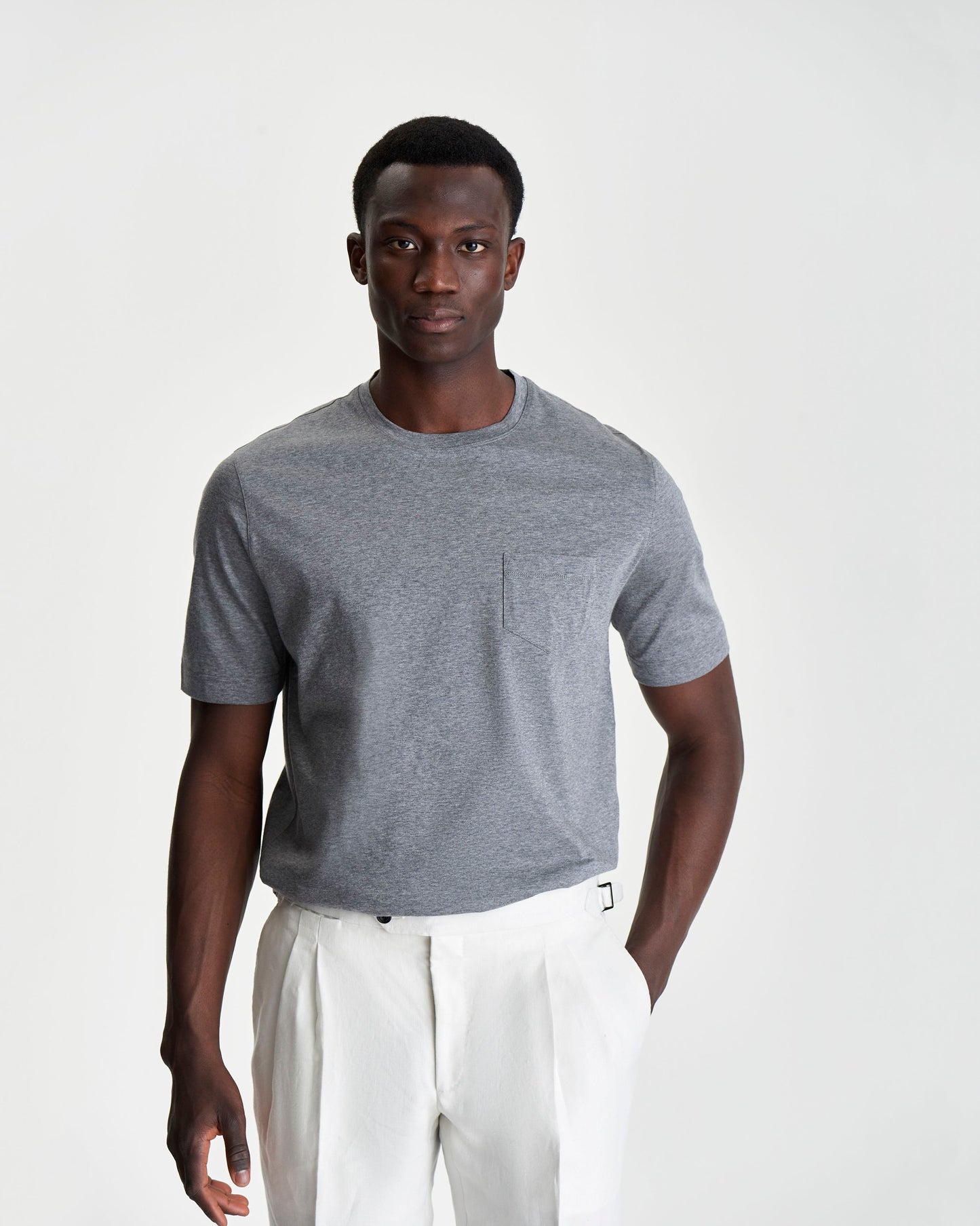 Cotton Pocket T-Shirt Grey Model Front 3/4 image